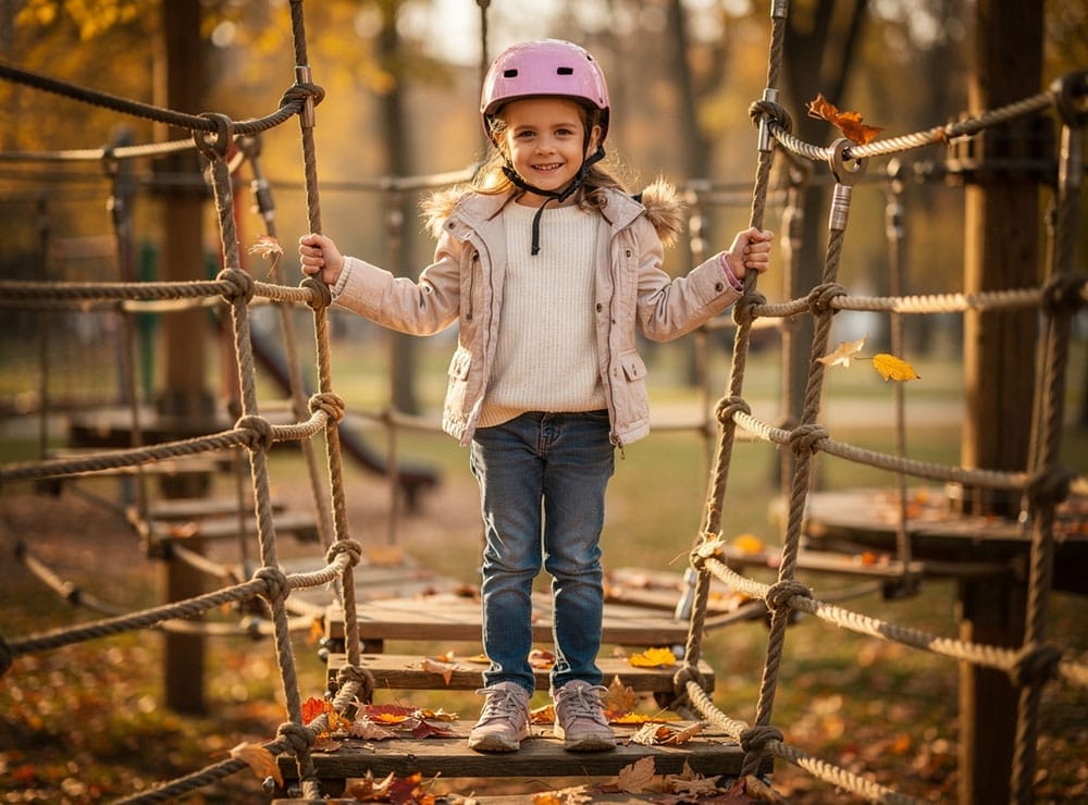 Mladé dievča v prilbe stojí na lanovom moste na vonkajšom ihrisku.
