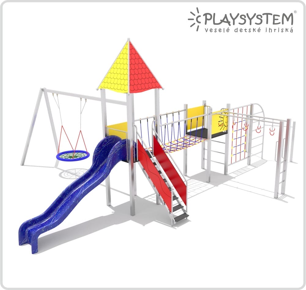 PLAYACTIVITY 15: súprava detského ihriska so šmykľavkami, hojdačkami, lanami a opičou dráhou.