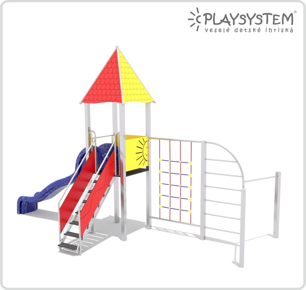 PLAYACTIVITY 4: hracia zostava so šmykľavkou, rebríkom, lezeckou sieťou a slnečným panelom.