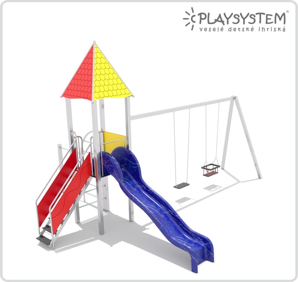PLAYACTIVITY 5: konštrukcia so šmykľavkou, schodmi, hojdačkami a zastrešenou plošinou.